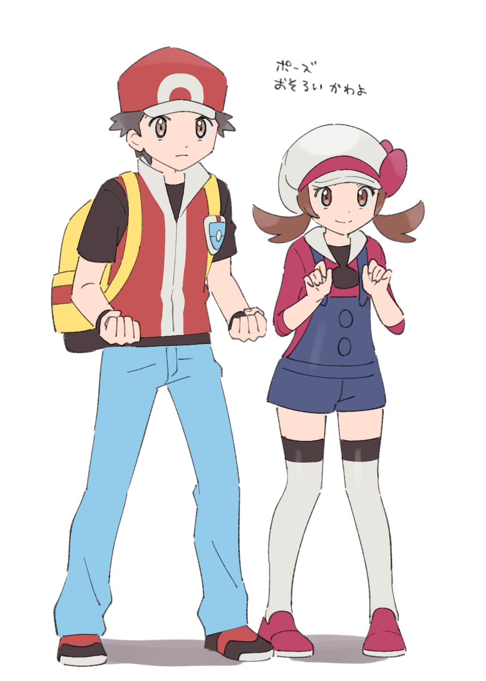 1boy 1girl backpack bag blue_overalls blue_pants brown_eyes brown_hair clenched_hands commentary_request creatures_(company) frown game_freak grey_thighhighs hat highres hood hoodie jacket lyra_(pokemon) nintendo overalls pants pokemon pokemon_hgss pumpkinpan red_(pokemon) red_hat red_hoodie red_jacket smile thighhighs translation_request twintails white_hat
