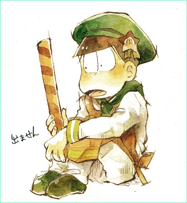 1boy apron aqua_border ascot back_bow black_eyes blunt_bangs border bow bowtie brown_hair cabbie_hat commentary_request drinking_straw frown full_body green_ascot green_hat green_shoes green_sleeve_cuffs hair_ornament hat horizontal-striped_sleeve_cuffs knees_up light_blush long_sleeves looking_at_object lower_teeth_only male_focus matsuno_choromatsu momiji_(lucario) open_mouth orange_apron orange_bow orange_bowtie osomatsu-san osomatsu_(series) painting_(medium) pants shirt shoes short_hair single_vertical_stripe sitting solo star_(symbol) star_hair_ornament teeth traditional_media translation_request watercolor_(medium) white_background white_pants white_shirt wide-eyed