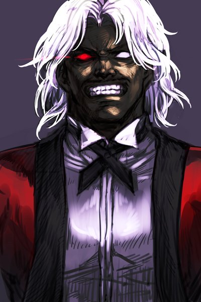 1boy black_ribbon collared_shirt dark-skinned_male dark_skin glowing glowing_eyes grin heterochromia hungry_clicker jacket male_focus neck_ribbon omega_rugal open_clothes open_jacket parted_bangs purple_background red_eyes red_jacket ribbon rugal_bernstein shirt simple_background smile snk solo the_king_of_fighters upper_body white_eyes white_hair white_shirt