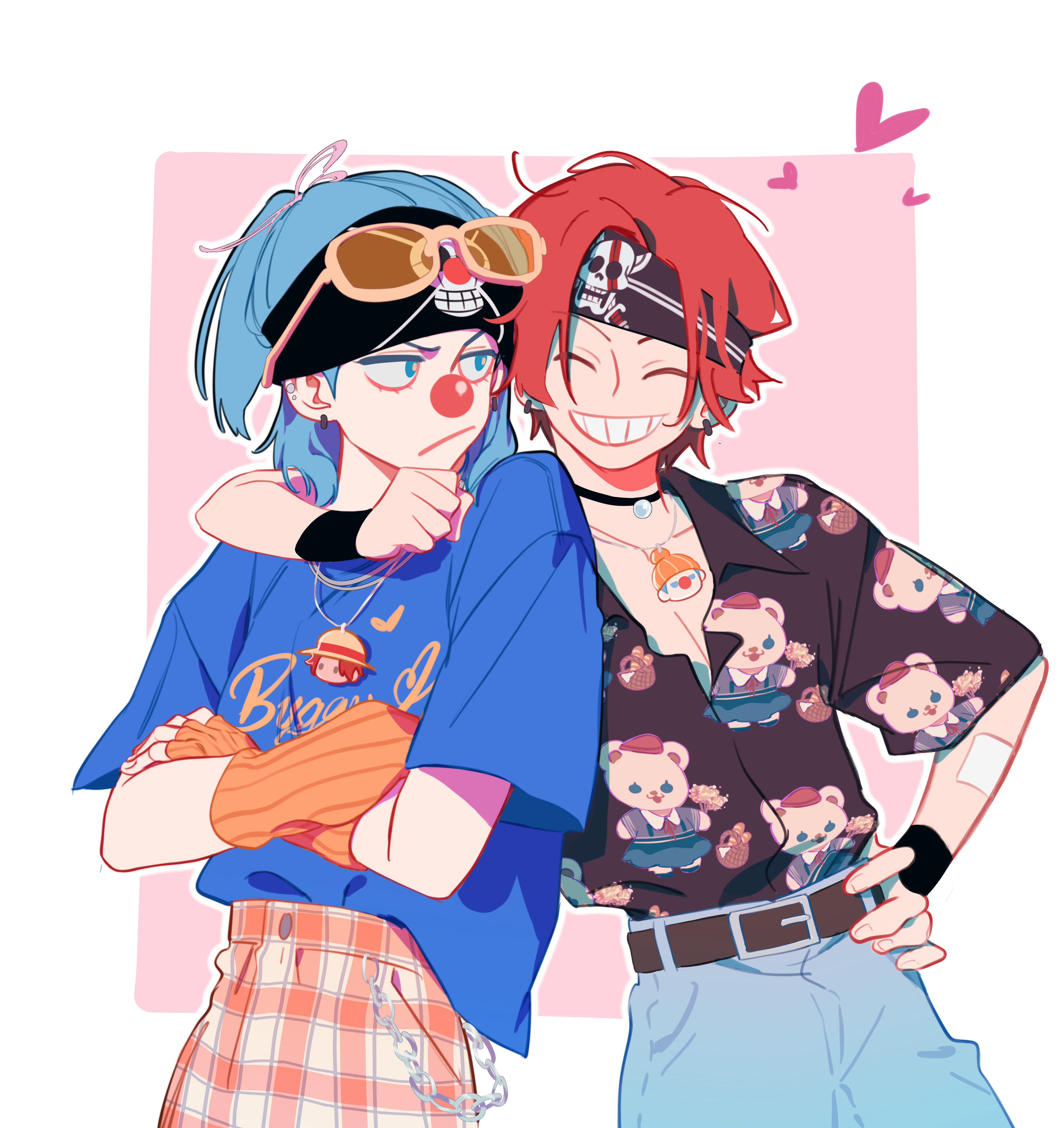 2boys :/ ^_^ absurdres aged_down arm_around_neck belt belt_buckle black_belt blue_pants blue_shirt buckle buggy_the_clown chain character_charm charm_(object) chinese_commentary closed_eyes closed_mouth clown_nose collared_shirt commentary_request cowboy_shot crossed_arms denim ear_piercing earrings eyewear_on_head fingerless_gloves galiguomin gauze gauze_on_arm gloves grin hand_on_own_hip headband heart highres jeans jewelry jitome jolly_roger looking_at_another lower_eyelashes_only male_focus multiple_boys necklace one_piece open_collar pants piercing plaid_clothes plaid_pants ponytail print_shirt red_hair shanks_(one_piece) shirt shirt_tucked_in short_hair sideburns smile standing sunglasses teeth wing_collar yellow-framed_eyewear
