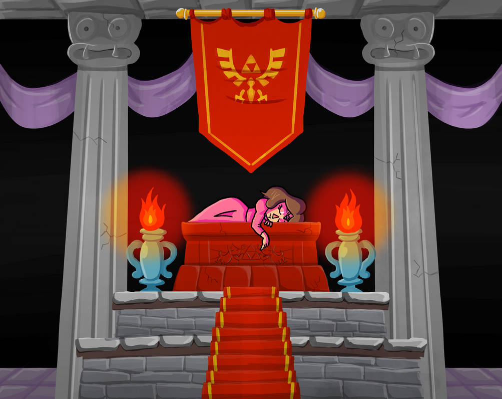 1girl brown_hair closed_eyes curtains dress fire full_body long_sleeves lying night night_sky nintendo pink_dress princess_zelda red_carpet sky sleeping spell symbol the_legend_of_zelda tiara triforce zelda_ii:_the_adventure_of_link