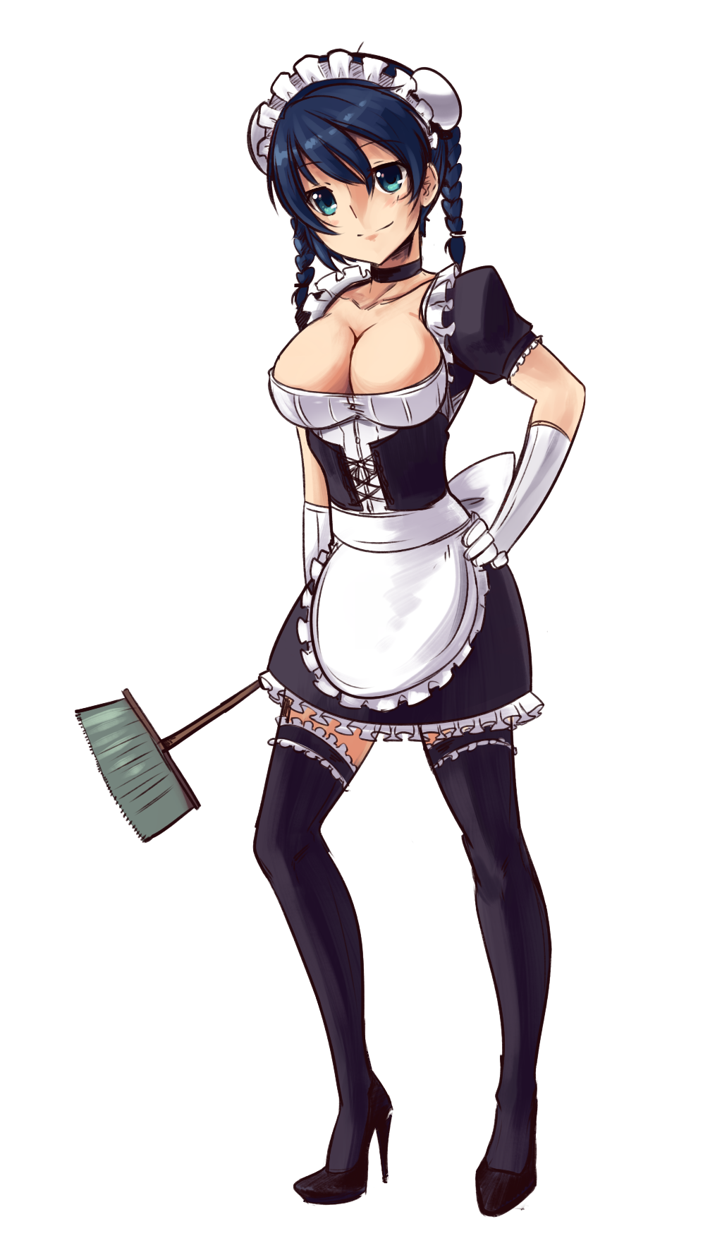 1girl apron ar_tonelico blue_eyes blue_hair boa_(artist) braid breasts cleavage full_body high_heels highres large_breasts maid misha_arsellec_lune short_hair solo thighhighs transparent_background twin_braids
