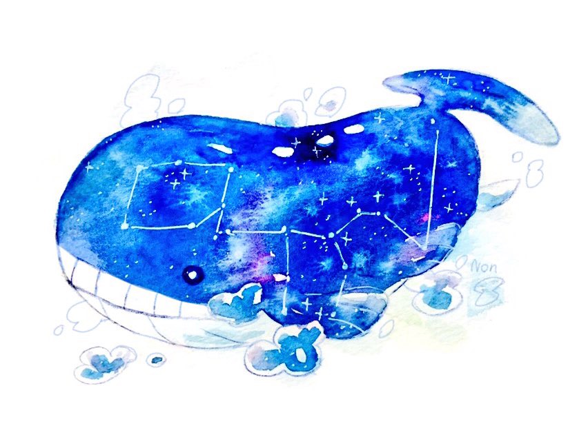 animal_focus bright_pupils cetus_(constellation) colored_pencil_(medium) constellation constellation_request full_body gen_3_pokemon name_connection nintendo no_humans non_(kumakawayusu) object_namesake painting_(medium) pokemon pokemon_(creature) signature simple_background solo traditional_media wailord watercolor_(medium) whale white_background white_pupils