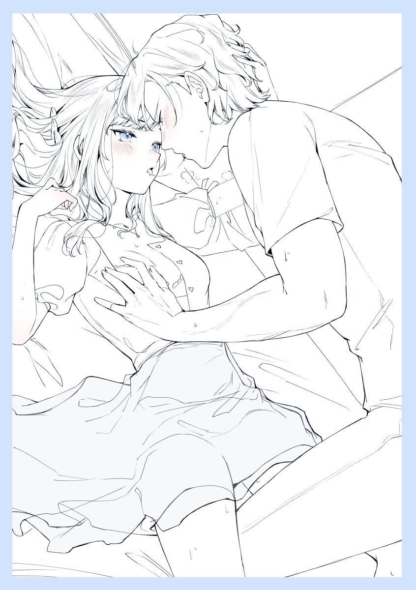 1boy 1girl after_kiss blue_border blue_eyes blush border breasts carrot_(robosquat) cleavage couple grabbing_another&#039;s_breast groping hand_in_another&#039;s_hair hand_on_another&#039;s_head hetero highres jewelry leg_between_thighs long_hair nadeshiko_(carrot_robosquat) necklace open_clothes open_shirt original saliva saliva_trail short_sleeves skirt small_breasts spot_color tongue tongue_out youta_(carrot_robosquat)