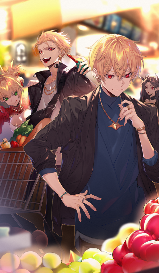 2boys 2girls apple baguette black_bag black_bow black_collar black_hair black_jacket black_pants blonde_hair blue_shirt blurry blurry_background bottle bow bracelet bread breasts carrot chain chain_necklace cleavage cleavage_cutout closed_mouth clothing_cutout collar commentary double-parted_bangs dress dual_persona earrings fanny_pack fate/grand_order fate_(series) food fruit gilgamesh gilgamesh_(caster)_(check_ready)_(fate) gilgamesh_(caster)_(fate) gilgamesh_(check_ready)_(fate) gilgamesh_(fate) gold_bracelet gold_earrings gold_necklace gold_ring green_eyes grocery_store hair_between_eyes hair_bow hair_intakes hair_ribbon hair_slicked_back hand_on_another&#039;s_shoulder hand_on_own_hip hand_up hoe-l holding holding_bottle indoors ishtar_(fate) jacket jewelry large_breasts long_sleeves looking_down male_focus multiple_boys multiple_girls multiple_rings necklace nero_claudius_(fate) nero_claudius_(fate/extra) official_art open_clothes open_jacket open_mouth pants red_dress red_eyes red_ribbon ribbon ring shirt shopping shopping_cart short_hair sidelocks sleeves_pushed_up smile standing teeth third-party_source tongue tongue_out turtleneck two_side_up v-shaped_eyebrows white_shirt