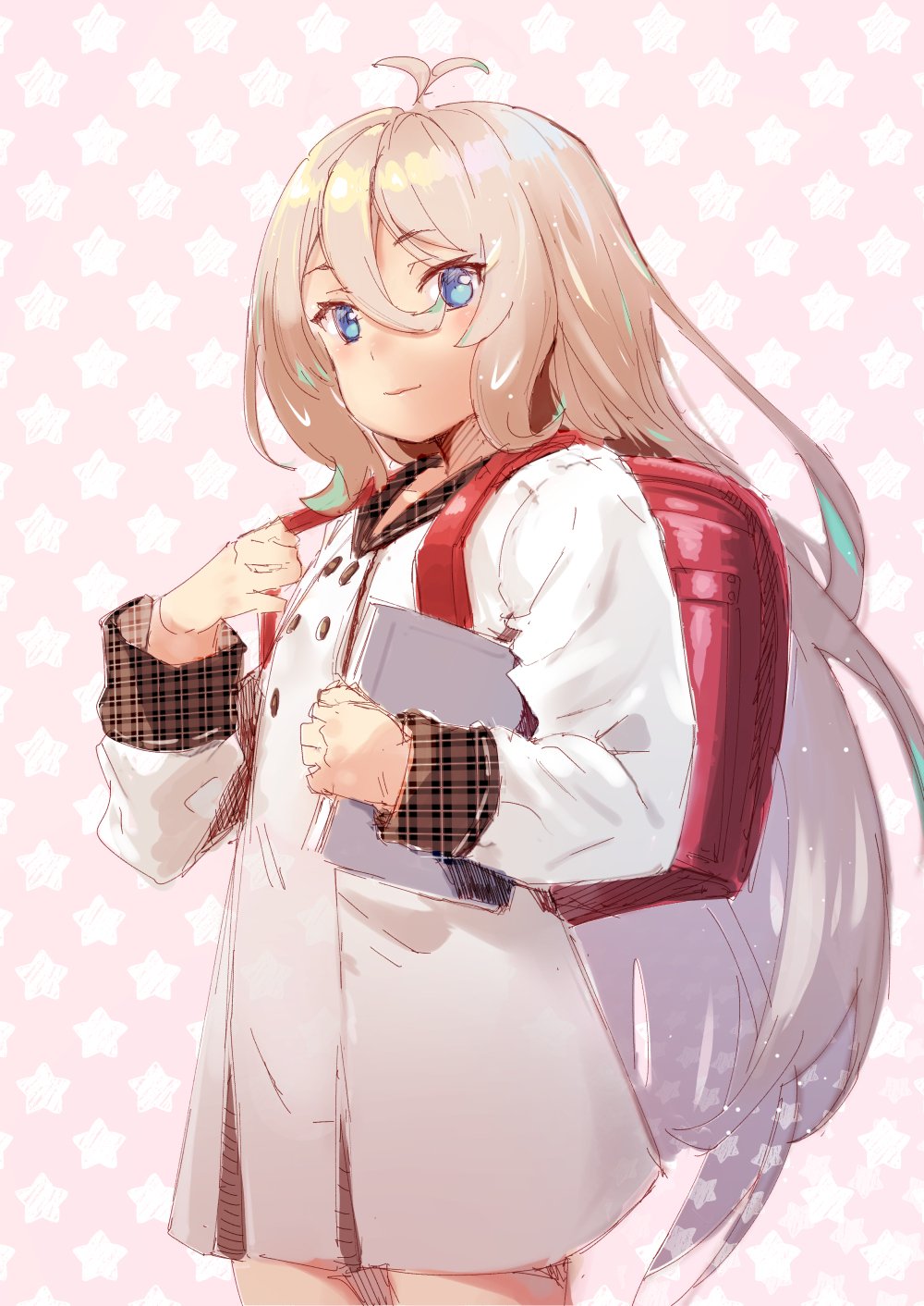 1girl antenna_hair backpack bag blonde_hair blue_eyes buttons closed_mouth cowboy_shot double-breasted dress hair_between_eyes highres karochii kokkoro_(princess_connect!) kokkoro_(real)_(princess_connect!) light_smile long_hair long_sleeves looking_at_viewer princess_connect! randoseru sailor_dress smile solo star_(symbol) star_symbol_background unmoving_pattern very_long_hair white_dress