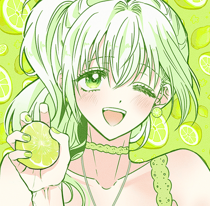 bare_shoulders collarbone food fruit green_background green_eyes hangyonim holding holding_food holding_fruit lemon mabinogi one_eye_closed pihne sleeveless smile white_hair