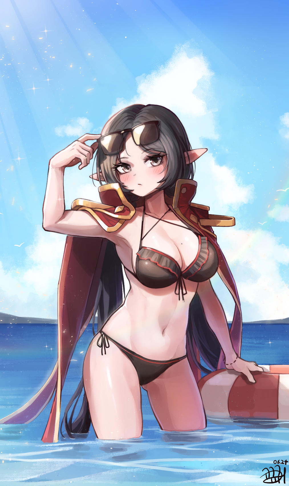 1girl adele_(maplestory) adjusting_eyewear alternate_costume bikini black_bikini black_hair blush breasts cape cleavage closed_mouth cloud criss-cross_halter dated grey_eyes halterneck highres horizon innertube kokukyukeo long_hair looking_at_viewer low_twintails maplestory mole mole_on_breast navel ocean photoshop_(medium) pointy_ears side-tie_bikini_bottom sidelocks signature solo sunglasses sunlight swim_ring swimsuit twintails wading water