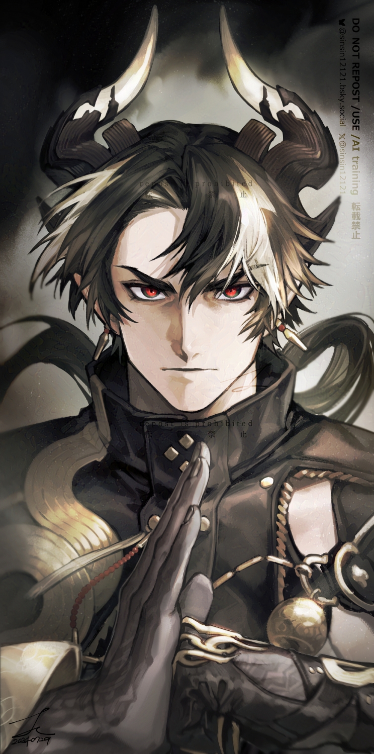 1boy adversarial_noise arknights black_hair chongyue_(arknights) commentary_request dragon_boy dragon_horns earrings highres horns jewelry long_hair looking_at_viewer low_ponytail male_focus multicolored_hair palm-fist_greeting pointy_ears ponytail red_eyes shin_(sinsin12121) solo streaked_hair upper_body