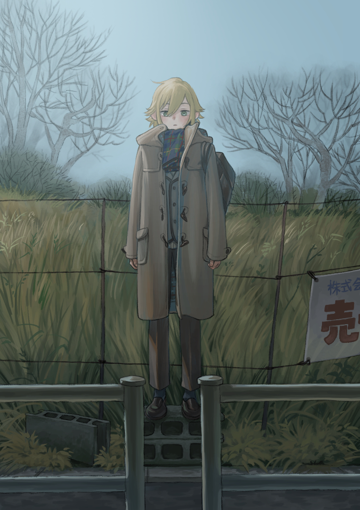 1boy arms_at_sides bag bare_tree black_shoes blonde_hair blue_scarf blue_sky blush brown_coat brown_pants cinder_block coat fence field green_eyes koze_niire layered_clothes loafers long_sleeves looking_at_viewer male_focus nijisanji open_clothes open_coat pants plaid_clothes plaid_scarf scarf shoes short_hair shoulder_bag sign sky solo standing standing_on_object tree uzuki_kou uzuki_kou_(3rd_costume) virtual_youtuber winter_clothes