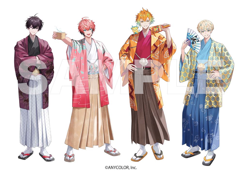 4boys :d ahoge akagi_wen alcohol aqua_hair bandaid bandaid_on_cheek bandaid_on_face black_hair black_kimono blonde_hair blue_eyes blue_hair blue_hakama blue_kimono brown_hakama closed_mouth cloud_print copyright_notice creature creature_on_shoulder crossed_arms crossed_bangs cup earrings egasumi folding_fan full_body gradient_hair grin hagoita hair_between_eyes hair_ornament hakama hand_fan hand_on_own_hip haori haori_himo hibachi_mana holding holding_cup holding_fan holding_paddle jacket japanese_clothes jewelry kimono leaf_print lightning_bolt lightning_bolt_hair_ornament lightning_bolt_print lightning_bolt_symbol lineup long_sleeves looking_at_viewer male_focus masu multicolored_hair multiple_boys nijisanji on_shoulder open_clothes open_jacket open_mouth orange_eyes orange_hair orange_jacket oriens_(nijisanji) paddle parted_lips patterned_clothing pink_hair pink_jacket purple_eyes purple_jacket red_kimono saiki_ittetsu sake sample_watermark sandals short_hair simple_background single_earring smile socks standing streaked_hair sweets_paradise tabi usami_rito virtual_youtuber watermark white_background white_hakama white_kimono white_socks woonak yellow_eyes yellow_hakama yellow_jacket zouri