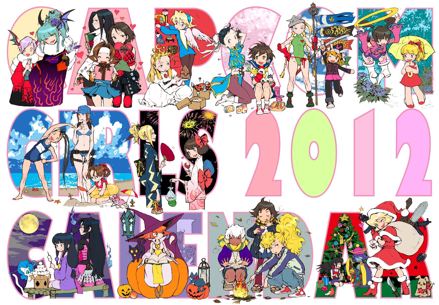 2012 6+girls ? ace_attorney anita_(darkstalkers) aqua_eyes b.b._hood bat_wings black_cat black_eyes black_hair blonde_hair blue_hair bracelet breath_of_fire breath_of_fire_iv brown_eyes brown_hair calendar_(medium) cammy_white capcom cat chainsaw cherry_blossoms chinese_clothes christmas_tree chun-li crossover cyberbots dango dark-skinned_female dark_skin darkstalkers dated demon_girl devilot_de_deathsatan_ix double_bun dress elena_(street_fighter) explosive felicia_(cat)_(darkstalkers) felicia_(darkstalkers) final_fight fire fireworks food furisode gauntlets genryuusai_maki gift green_hair grenade gun hair_bun hair_ornament hat head_wings heart highres hsien-ko ibuki_(street_fighter) jack-o'-lantern japanese_clothes jewelry jill_valentine june_lin_milliam justice_gakuen kasugano_sakura kazama_akira kimono knife lantern lilith_(darkstalkers) long_hair makoto_(street_fighter) maya_fey mega_man_(classic) mega_man_(series) mei-ling_(darkstalkers) minazuki_kyouko moon morrigan_aensland multiple_girls nina_(breath_of_fire_iv) nishimura_kinu ocean official_art oichi_(sengoku_basara) one_eye_closed onigiri orange_hair pantyhose ponytail purple_hair rain resident_evil roll_(mega_man) scarf school_swimsuit school_uniform sengoku_basara short_hair smile spiked_bracelet spikes star_gladiator street_fighter stretching swimsuit tabasa tsuruhime umbrella wagashi wakaba_hinata warzard weapon white_dress white_hair wings witch_hat yellow_eyes yukata