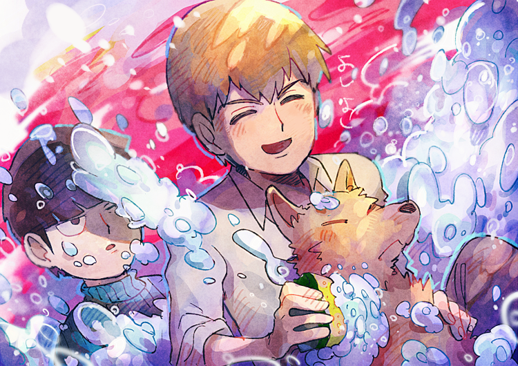 2boys ^_^ alternate_costume aoki_(fumomo) black_eyes black_hair blonde_hair blue_sweater blunt_bangs bubble casual closed_eyes collared_shirt commentary_request dog grey_shirt hair_between_eyes happy holding holding_sponge kageyama_shigeo light_blush light_frown long_sleeves looking_at_another male_focus mob_psycho_100 multiple_boys official_style one_eye_closed open_mouth pink_background reigen_arataka shirt short_hair sleeves_rolled_up smile soap sponge surprised sweater turtleneck turtleneck_sweater upper_body washing_animal