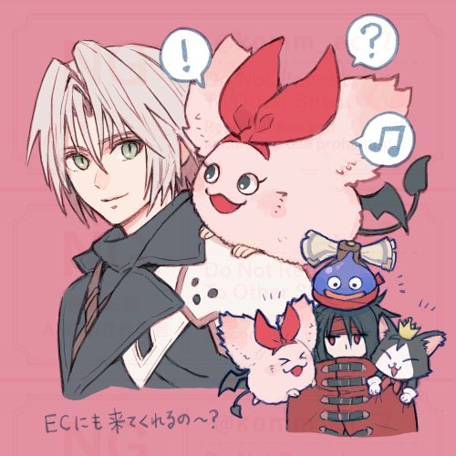 ! &gt;_&lt; 2boys :d ? armor black_fur black_hair black_jacket cait_sith_(final_fantasy) cape chest_strap cloak creature crown dragon_quest_tact final_fantasy final_fantasy_vii final_fantasy_vii_ever_crisis green_eyes grey_hair hair_between_eyes hair_ribbon headband jacket komm_ec_7 light_smile long_hair lowres male_focus mini_crown monan multiple_boys musical_note open_mouth parted_bangs pauldrons pink_background pink_fur red_cape red_cloak red_eyes red_headband red_ribbon ribbon sephiroth sephiroth_(ever_crisis) short_hair shoulder_armor slime_(creature) slit_pupils smile spoken_exclamation_mark spoken_musical_note spoken_question_mark tuxedo_cat two-tone_fur upper_body vincent_valentine white_fur xd