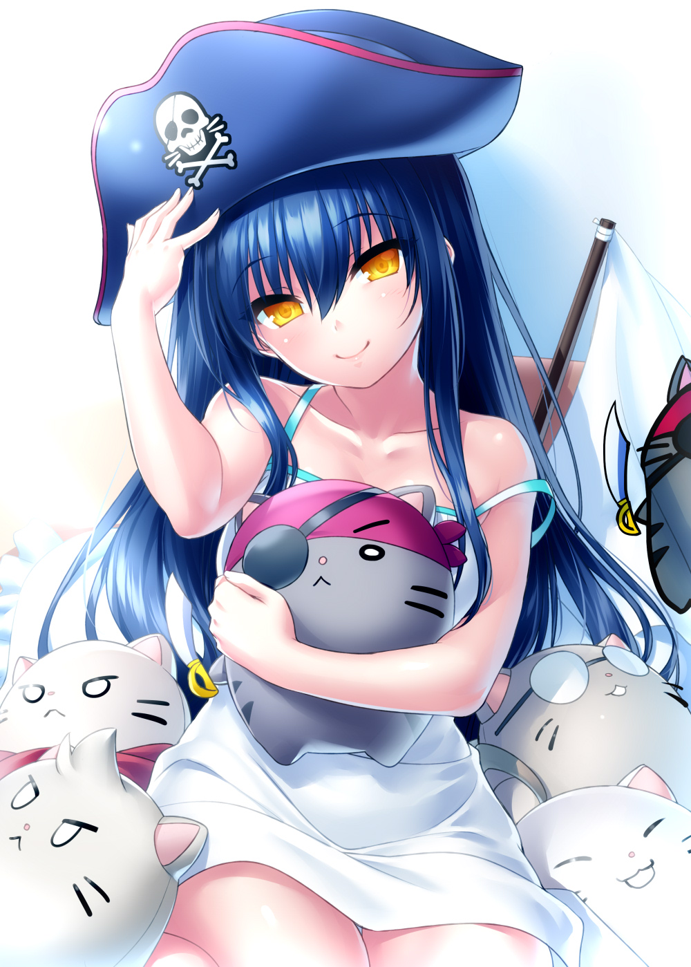 1girl :&lt; :3 adjusting_clothes adjusting_headwear arm_up bandana bare_arms bare_shoulders black_hair black_hat cat closed_mouth collarbone commentary dress eyelashes eyepatch eyes_visible_through_hair flag glasses hair_between_eyes hat head_tilt highres hugging_object kushima_kamome long_hair looking_at_viewer off_shoulder pirate_hat red_bandana shiny_skin sidelocks simple_background sitting skull_and_crossbones smile solo straight-on straight_hair strap_slip stuffed_animal stuffed_toy summer_pockets sundress very_long_hair white_background yellow_eyes zen_(kamuro)