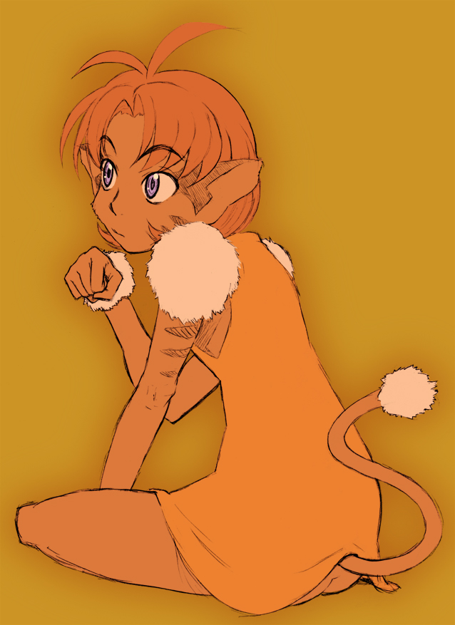 animal_ears antenna_hair armpits ass bob_cut body_fur brown_fur butt_crack cat_girl closed_mouth dark-skinned_female dark_skin dress flat_color from_behind from_side full_body fur-trimmed_dress fur_trim hand_on_ground indian_style kiikui_chuu leaning_forward looking_afar looking_ahead merle_(tenkuu_no_escaflowne) no_panties on_ground parted_bangs paw_pose pink_hair pointy_ears purple_eyes short_hair simple_background sitting sketch sleeveless sleeveless_dress striped tail tenkuu_no_escaflowne yellow_background yellow_dress