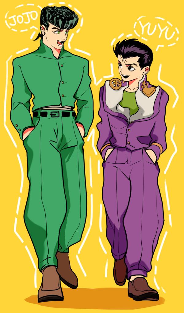 2boys :d anchor_symbol belt black_belt black_eyes black_hair brown_footwear copyright_name cosplay costume_switch crossover diamond_wa_kudakenai earrings eye_contact full_body green_eyes green_jacket green_pants green_shirt hands_in_pockets heart higashikata_josuke higashikata_josuke_(cosplay) jacket jewelry jojo_no_kimyou_na_bouken kilva_lollop loafers look-alike looking_at_another male_focus multiple_boys open_mouth pants peace_symbol pompadour purple_jacket sarayashiki_junior_high_school_uniform school school_uniform shirt shoes short_hair simple_background smile trait_connection undershirt urameshi_yusuke urameshi_yusuke_(cosplay) walking yellow_background yuu_yuu_hakusho