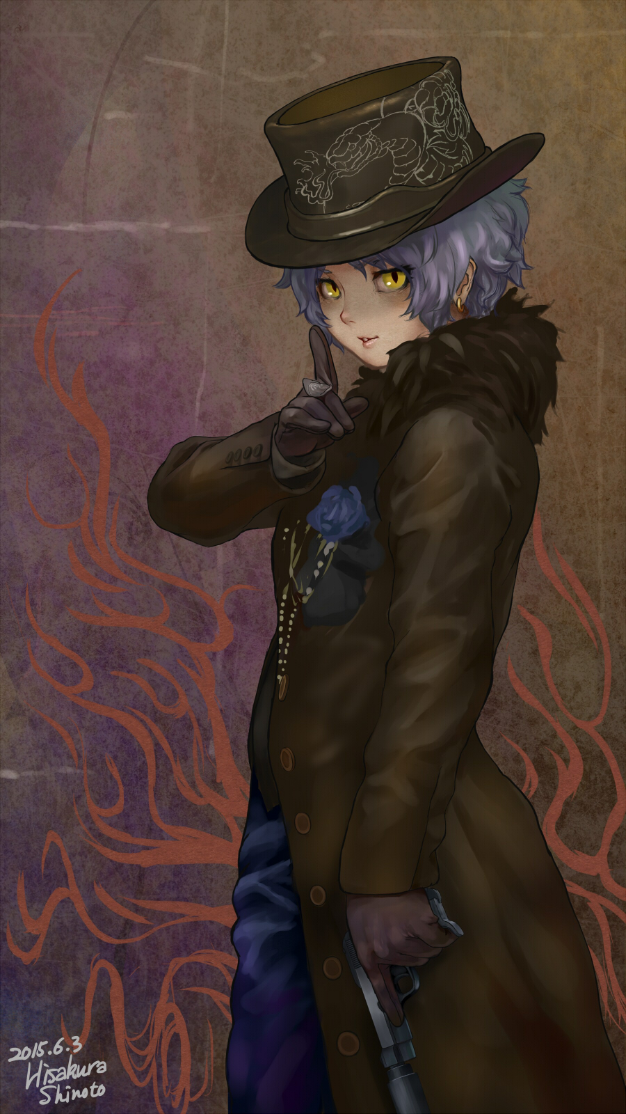 1girl beretta_m1934 coat dated earrings female_focus flower genso gloves gun handgun hat highres jewelry looking_at_viewer original pistol purple_hair short_hair slit_pupils solo suppressor top_hat trigger_discipline weapon yellow_eyes
