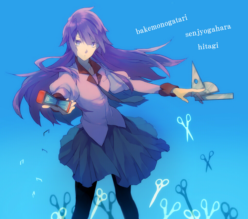1girl alternate_legwear bakemonogatari black_pantyhose blue_background blue_skirt breasts character_name commentary_request copyright_name holding_stapler jacket long_hair medium_skirt monogatari_(series) nakahara_(mu_tation) naoetsu_high_school_uniform pantyhose pink_jacket protractor purple_eyes purple_hair ruler school_uniform scissors senjougahara_hitagi skirt small_breasts solo stapler