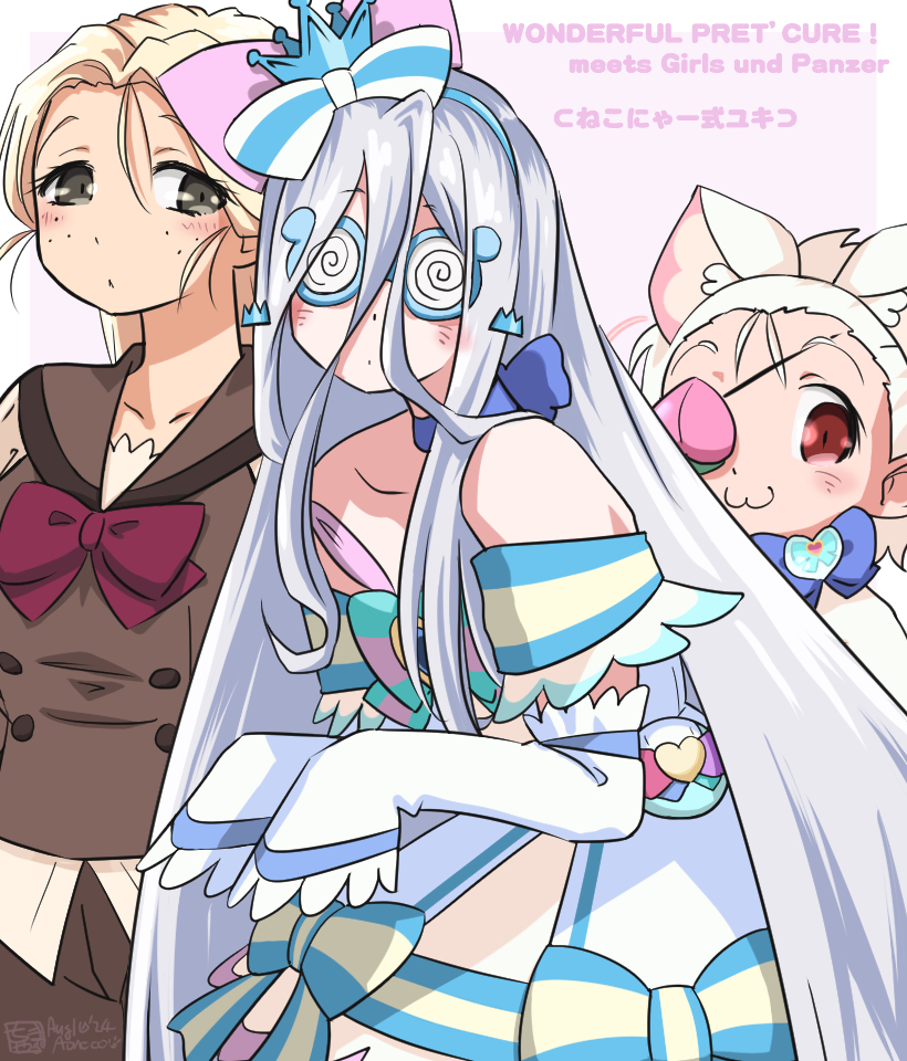 3girls :3 alternate_hair_color animal_costume animal_ears aoneco artist_name blonde_hair blouse blue-framed_eyewear blue_bow blue_choker blue_crown bow bowtie brown_sailor_collar brown_shorts brown_vest cat_costume cat_ears choker closed_mouth coke-bottle_glasses commentary copyright_name cosplay crown crown_earrings cure_nyammy cure_nyammy_(cosplay) dress dress_bow earrings english_text eyepatch food freckles fruit girls_und_panzer glasses gloves grey_eyes grey_hair hair_between_eyes hair_bow hair_pulled_back half-closed_eyes half_gloves jewelry leaning_forward light_frown long_hair looking_at_viewer medium_dress mini_crown momogaa_(girls_und_panzer) multiple_girls nekonyaa_(girls_und_panzer) nekoyashiki_yuki nekoyashiki_yuki_(cat) nekoyashiki_yuki_(cat)_(cosplay) nekoyashiki_yuki_(cosplay) off-shoulder_dress off_shoulder opaque_glasses peach pink_background pink_bow piyotan_(girls_und_panzer) precure purple_bow purple_bowtie red_eyes round_eyewear sailor_collar school_uniform second_wangan_school_uniform shirt shorts signature smile standing tilted_headwear translated very_long_hair vest white_dress white_gloves white_hair white_shirt wonderful_precure!
