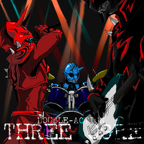 &gt;_&lt; 3boys armor bad_id bad_pixiv_id black_armor black_eyes blue_armor drum drum_set english_text guitar instrument jinta kamen_rider kamen_rider_den-o_(series) male_focus microphone momotaros monster monster_boy multiple_boys negataros oni red_armor red_eyes resized screaming sharp_teeth squinting stage_lights teddy_(kamen_rider_den-o) teeth upscaled waifu2x
