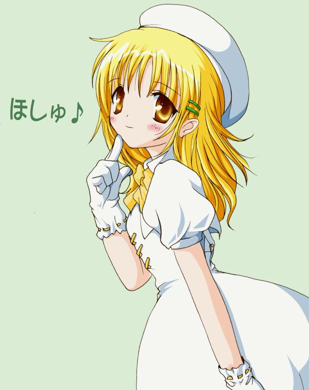 1girl 2000s_(style) archived_source ashita_yaru beret blonde_hair blush bow bowtie closed_mouth commentary_request dress finger_to_face gloves green_background hair_ornament hairclip hand_up hat index_finger_raised long_hair original personification puffy_short_sleeves puffy_sleeves ribbon-trimmed_gloves ribbon_trim short_sleeves smile solo white_dress white_gloves white_hat yellow_bow yellow_bowtie yellow_eyes