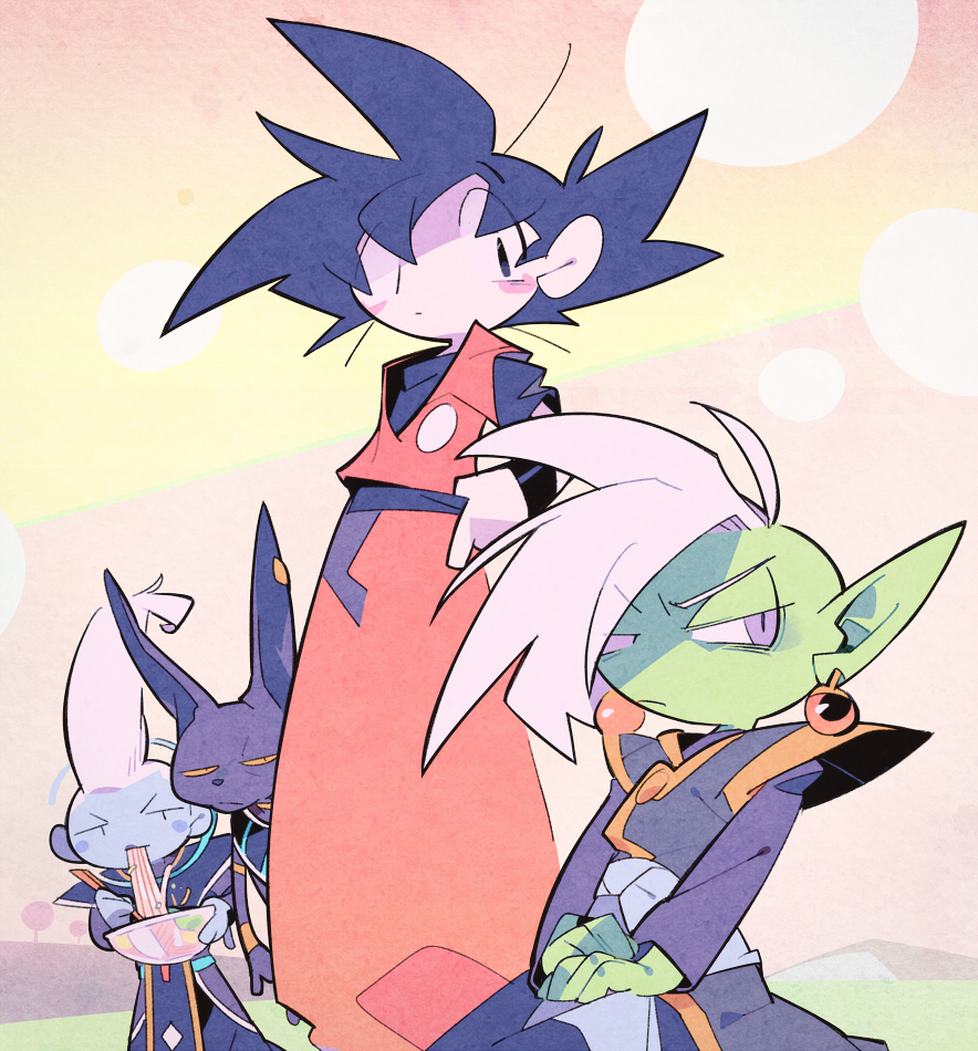 10s 4boys ancient_egyptian_clothes annoyed beerus black_eyes black_hair blush blush_stickers bowl bubble bubble_background chopsticks cup_ramen dougi dragon_ball dragon_ball_super dragonball_z earrings eating expressionless food frown gradient_background grass green_background grey_eyes hand_on_own_hip jewelry long_sleeves looking_away male_focus mohawk multiple_boys noodles orange_background outdoors peeking_out pink_background pointy_ears potara_earrings ramen shaded_face short_hair simple_background sitting son_goku spiked_hair suzuka_g tree upper_body whis white_background white_hair wristband yellow_background zamasu