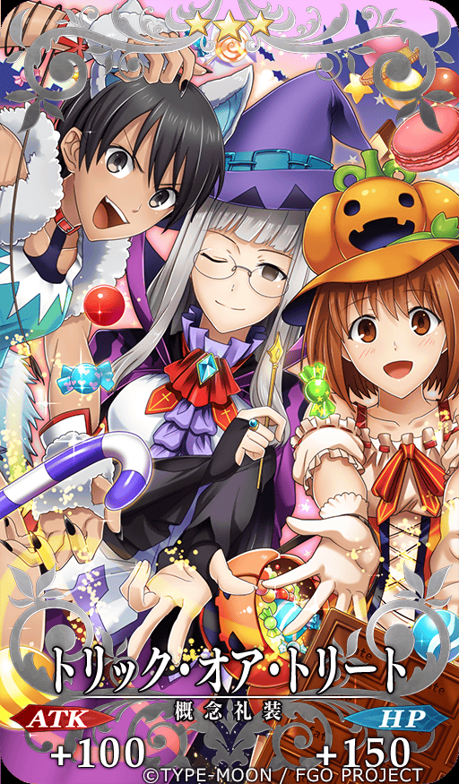 3girls :d animal_collar animal_ears aono_shimo black_eyes black_hair blunt_bangs brown_eyes brown_hair candy candy_cane card card_(medium) chocolate collar company_name copyright_name corset costume craft_essence_(fate) dark-skinned_female dark_skin empty_eyes fake_animal_ears fate/grand_order fate/hollow_ataraxia fate/stay_night fate_(series) fingernails food fur_trim glasses grey_hair halloween hat himuro_kane jack-o&#039;-lantern long_fingernails long_hair looking_at_viewer macaron makidera_kaede multiple_girls nail_polish official_art one_eye_closed open_mouth outstretched_arms pumpkin pumpkin_hat saegusa_yukika sharp_fingernails short_hair sleeveless smile star_(symbol) tan wand witch_hat
