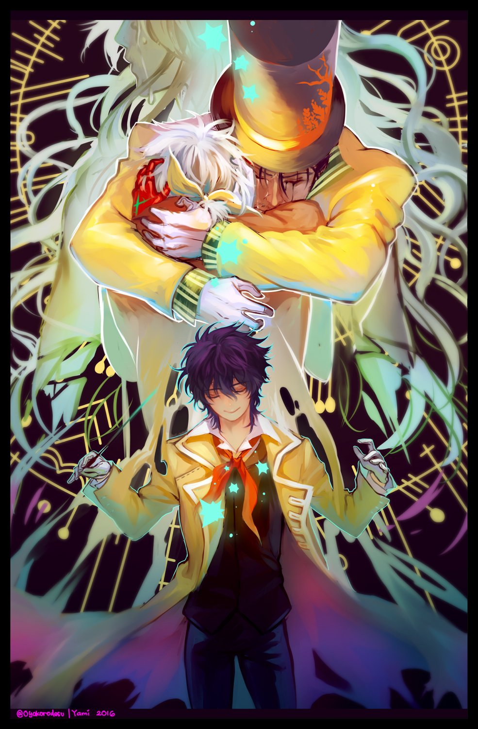 4boys age_comparison allen_walker black_hair black_hat blue_pants brown_vest closed_eyes coat collared_shirt colored_extremities cross crying d.gray-man dress_shirt dual_persona gloves green_shirt hair_ribbon hat highres hug large_hat long_coat long_hair mana_walker mature_male messy_hair multiple_boys nea_d_campbell oyakorodesu pants ponytail purple_hair red_hands red_ribbon ribbon shirt short_hair short_ponytail signature smile striped_clothes striped_shirt tears trench_coat vest white_gloves white_hair white_shirt white_stripes yellow_coat yellow_ribbon