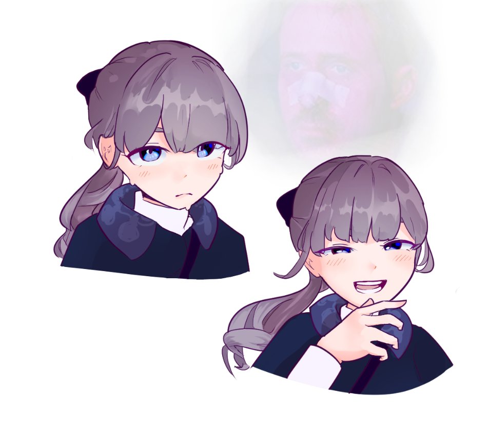 1girl blade_runner_(series) blade_runner_2049 commentary cropped_shoulders derivative_work firlox228 frown half-closed_eyes lapwing_(vrchat) laughing long_hair looking_at_viewer multiple_views open_mouth portrait purple_eyes purple_hair screenshot_redraw simple_background tears teeth vrchat white_background