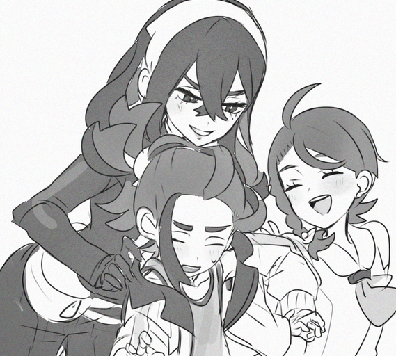 1boy 2girls :d ahoge carmine_(pokemon) closed_eyes commentary_request crossed_bangs fanny_pack gloves greyscale grin hair_between_eyes hairband jacket juliana_(pokemon) kieran_(pokemon) long_hair long_sleeves loose_hair_strand monochrome multiple_girls mxkjxm_(nhss2337) nintendo open_clothes open_jacket open_mouth pokemon pokemon_sv shirt smile sweatdrop teeth tongue upper_teeth_only