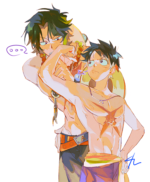2boys belt black_hair brothers cowboy_shot cross_scar flexing freckles hat jewelry male_focus monkey_d._luffy multiple_boys necklace one_piece pearl_necklace portgas_d._ace puff_of_air scar scar_on_chest senzzang short_hair siblings simple_background straw_hat topless_male white_background