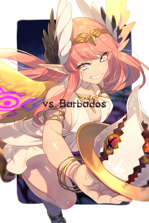 1girl armlet barbatos_(fate) bare_shoulders blouse blush breasts brown_wings circe_(fate) demon_pillar_(fate) echo_(circa) fate/grand_order fate_(series) feathered_wings head_wings jewelry long_hair looking_at_viewer medium_breasts plate pointy_ears shirt sleeveless sleeveless_shirt smile thighs white_shirt wings