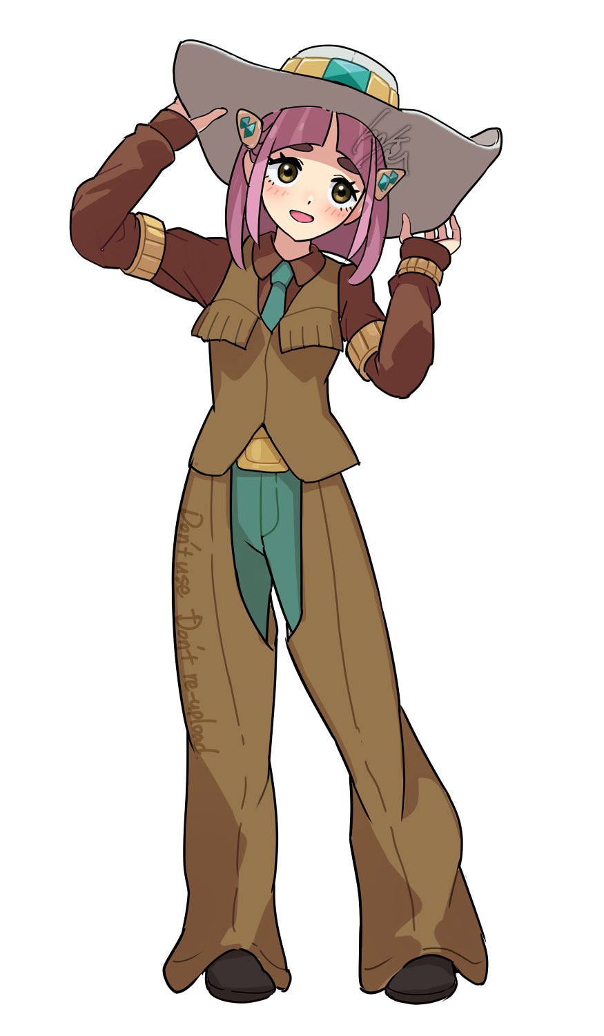 1girl belt blue_pants blush brown_eyes brown_footwear brown_shirt brown_vest chaps clay_(pokemon) clay_(pokemon)_(cosplay) cosplay cowboy_hat full_body hair_ornament hand_on_headwear hat highres lacey_(pokemon) long_sleeves necktie nintendo pants pink_hair pokemon pokemon_bw pokemon_sv shirt simple_background solo standing tom_(pixiv10026189) vest white_background white_hat