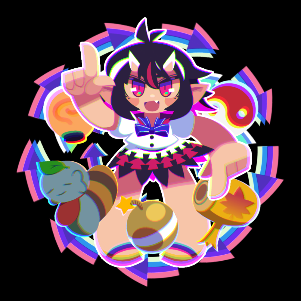 1girl :d antenna_hair arrow_print black_background black_dress black_hair blue_bow blue_bowtie bomb bow bowtie brown_sandals chromatic_aberration dress explosive fang full_body horns index_finger_raised jizou kijin_seija leaf leaf_on_head looking_at_viewer miracle_mallet multicolored_dress multicolored_hair open_mouth orb pointing pointing_down pointing_up pointy_ears print_dress puffy_short_sleeves puffy_sleeves red_dress red_eyes red_hair sandals short_hair short_sleeves smile solo standing streaked_hair tonchamon_san touhou white_dress white_hair white_horns yin_yang yin_yang_orb