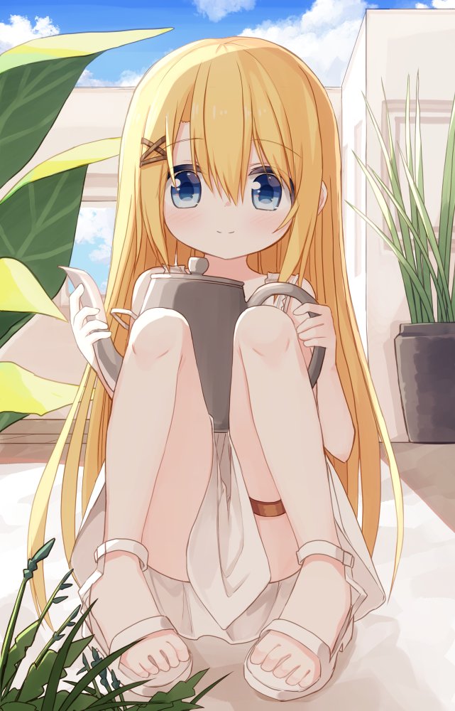 1girl bare_arms bare_shoulders blonde_hair blue_eyes blush closed_mouth commentary_request day dress flower_girl_(yuuhagi_(amaretto-no-natsu)) full_body hair_between_eyes hair_ornament hairclip hands_up holding knees_up long_hair original outdoors pigeon-toed plant potted_plant sandals sitting sleeveless sleeveless_dress smile solo very_long_hair watering_can white_dress white_sandals x_hair_ornament yuuhagi_(amaretto-no-natsu)