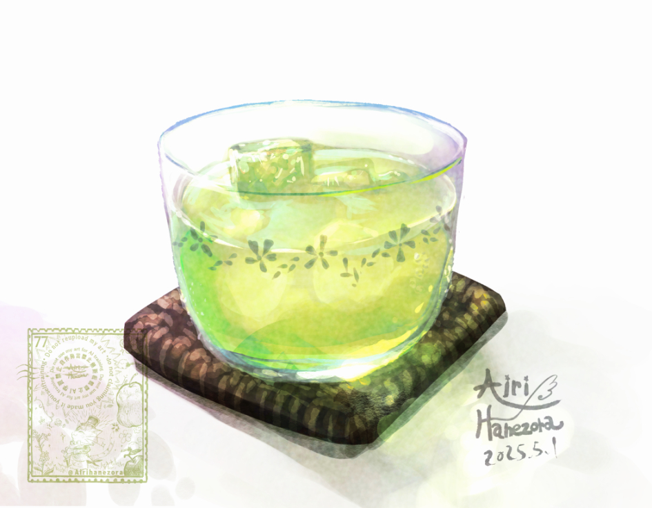 airihanezora artist_name clip_studio_paint_(medium) coaster commentary_request cup drink drinking_glass food food_focus no_humans original tea
