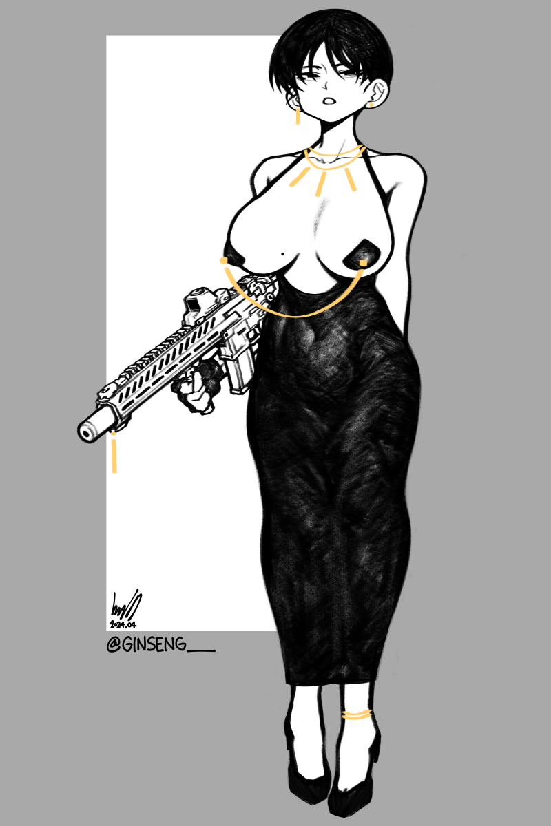 1girl anklet ar-15 arm_behind_back assault_rifle breastless_clothes breasts breasts_apart collarbone commentary covered_navel dated dress earrings english_commentary fingerless_gloves full_body ginseng_(xin) gloves gun highres hobble_dress holding holding_gun holding_weapon jewelry large_breasts linked_pasties long_dress mismatched_earrings mole mole_on_breast mole_under_eye monochrome open_mouth optical_sight original partially_colored pasties reflex_sight rifle short_hair signature sleeveless sleeveless_dress solo spot_color twitter_username vertical_foregrip weapon