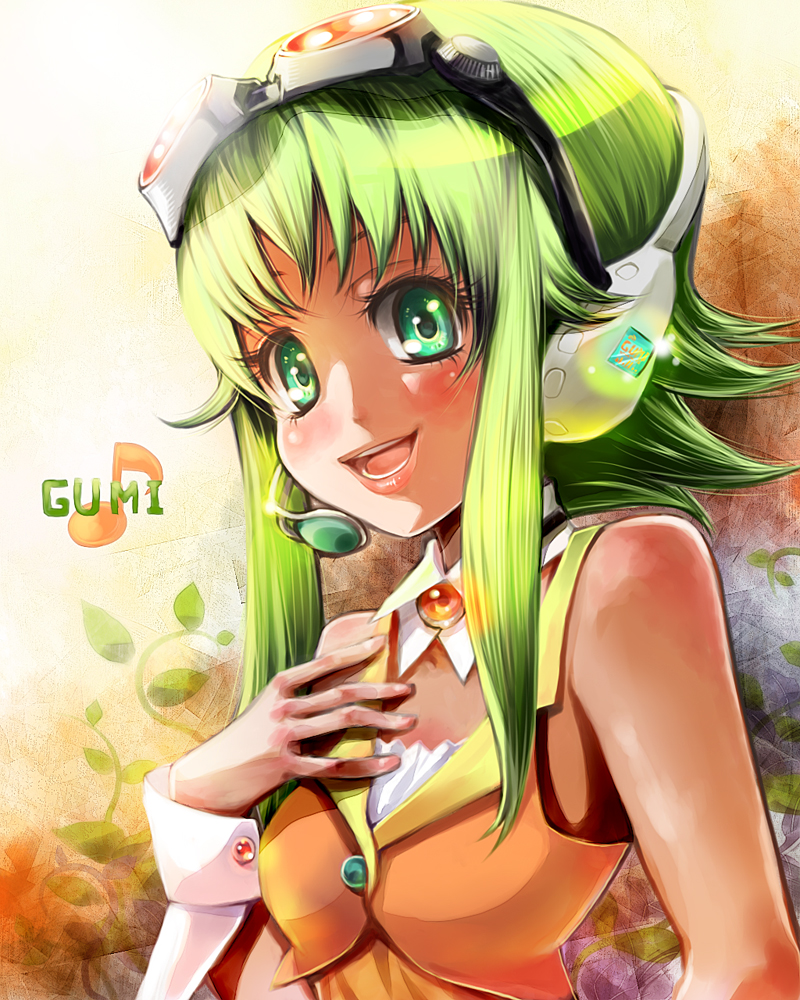 1girl female_focus goggles green_eyes green_hair gumi headphones headset matching_hair/eyes minimaru musical_note portrait short_hair short_hair_with_long_locks smile solo vocaloid wrist_cuffs