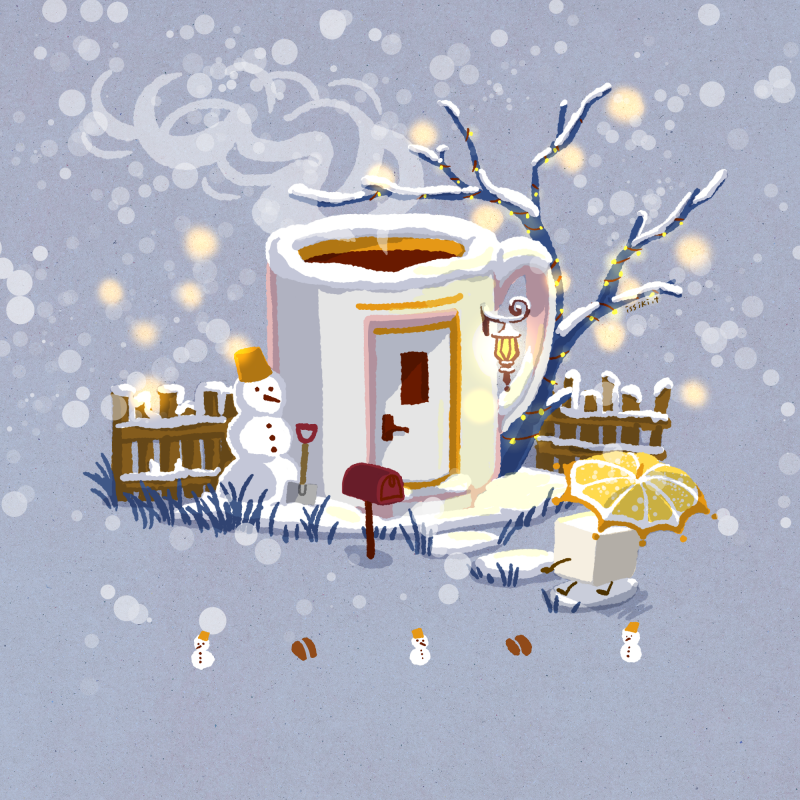 artist_name bare_tree bear chimney coffee cup door fence food food_focus footprints fruit grass hat honey house issiki_toaki lantern lemon mug no_humans original outdoors shovel signature snow snowing snowman steam tree umbrella window winter wooden_fence
