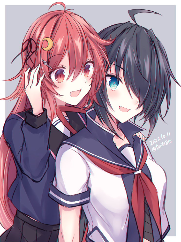 2girls ahoge black_hair black_sailor_collar black_skirt blue_eyes blue_sailor_collar blue_shirt commentary_request crescent crescent_hair_ornament hair_ornament hair_over_one_eye hair_ribbon hairclip kabocha_torute kako_(kancolle) kako_kai_ni_(kancolle) kantai_collection long_hair messy_hair multiple_girls neckerchief one-hour_drawing_challenge red_eyes red_hair red_neckerchief ribbon sailor_collar school_uniform serafuku shirt skirt upper_body uzuki_(kancolle)