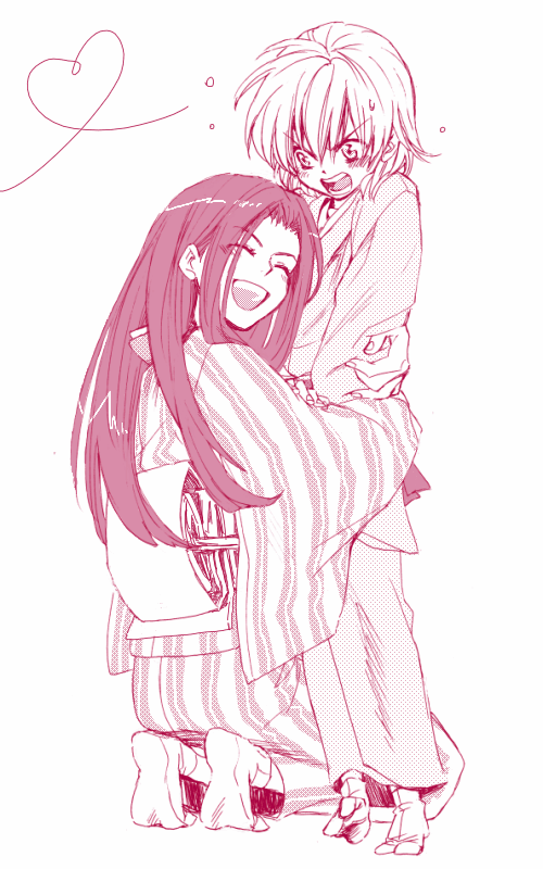 1boy 1girl blush child closed_eyes embarrassed frown full_body furrowed_brow grin happy heart hug ichinomiya_kantarou japanese_clothes kantarou&#039;s_mother kimono kneeling long_hair mother_and_son no_shoes obi open_mouth sash sepia short_hair smile standing striped_clothes striped_kimono tabi tactics teeth tongue upper_teeth_only v-shaped_eyebrows waist_hug yuki_(hello_idiot)