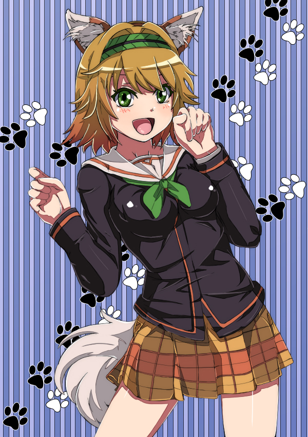 10s 1girl animal_ears blue_background blush breasts brown_hair cowboy_shot green_eyes hairband harumi_madoka inu_to_hasami_wa_tsukaiyou looking_at_viewer open_mouth plaid_clothes plaid_skirt school_uniform short_hair skirt striped_background tail