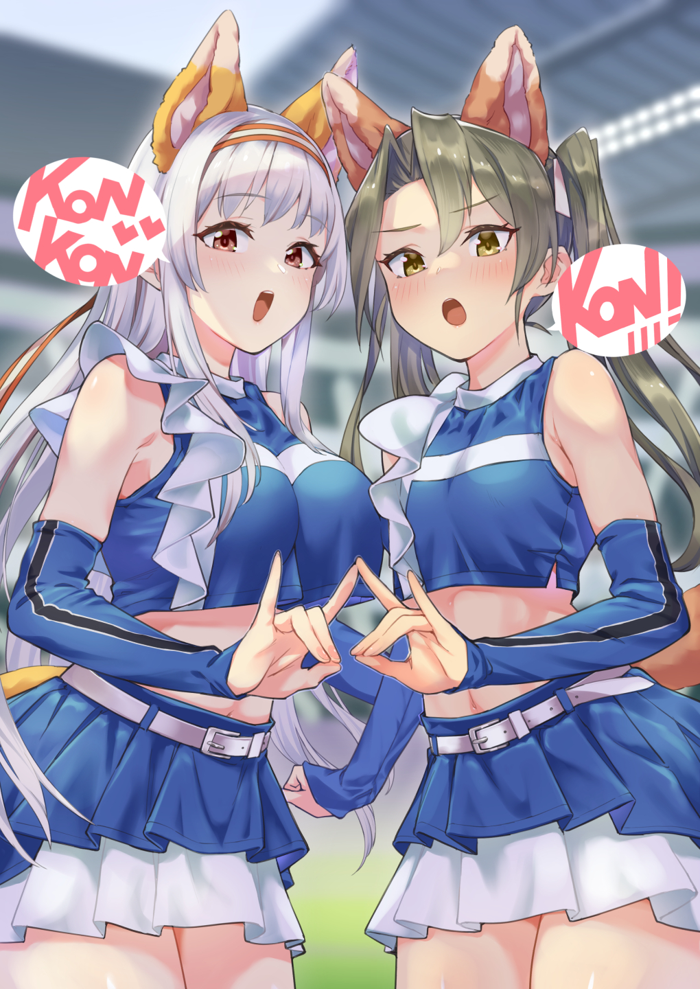 2girls animal_ears belt blue_skirt blush brown_eyes cheerleader cowboy_shot fake_animal_ears fake_tail fingernails fox_ears fox_shadow_puppet fox_tail green_eyes green_hair hair_between_eyes hair_ribbon headband highres hokkaido_nippon-ham_fighters kantai_collection ko~n layered_skirt long_hair midriff multiple_girls navel nippon_professional_baseball open_mouth rampage_2nd ribbon shoukaku_(kancolle) skirt tail twintails white_belt white_hair white_ribbon zuikaku_(cheerleader)_(kancolle) zuikaku_(kancolle)