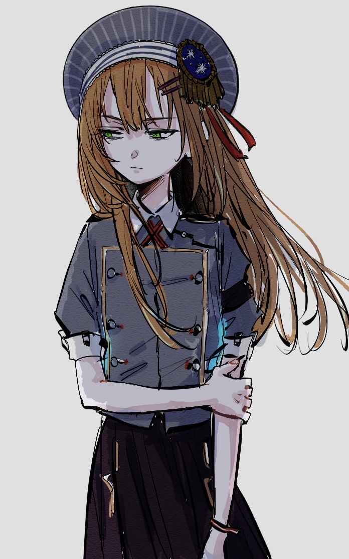 1girl alternate_hair_length alternate_hairstyle beret black_skirt brown_hair closed_mouth collared_shirt commentary_request cowboy_shot green_eyes grey_hat grey_jacket hair_between_eyes hat heaven_burns_red holding_own_arm jacket kulfiq long_hair long_skirt looking_to_the_side maruyama_kanata pleated_skirt shirt simple_background skirt solo standing white_background white_shirt
