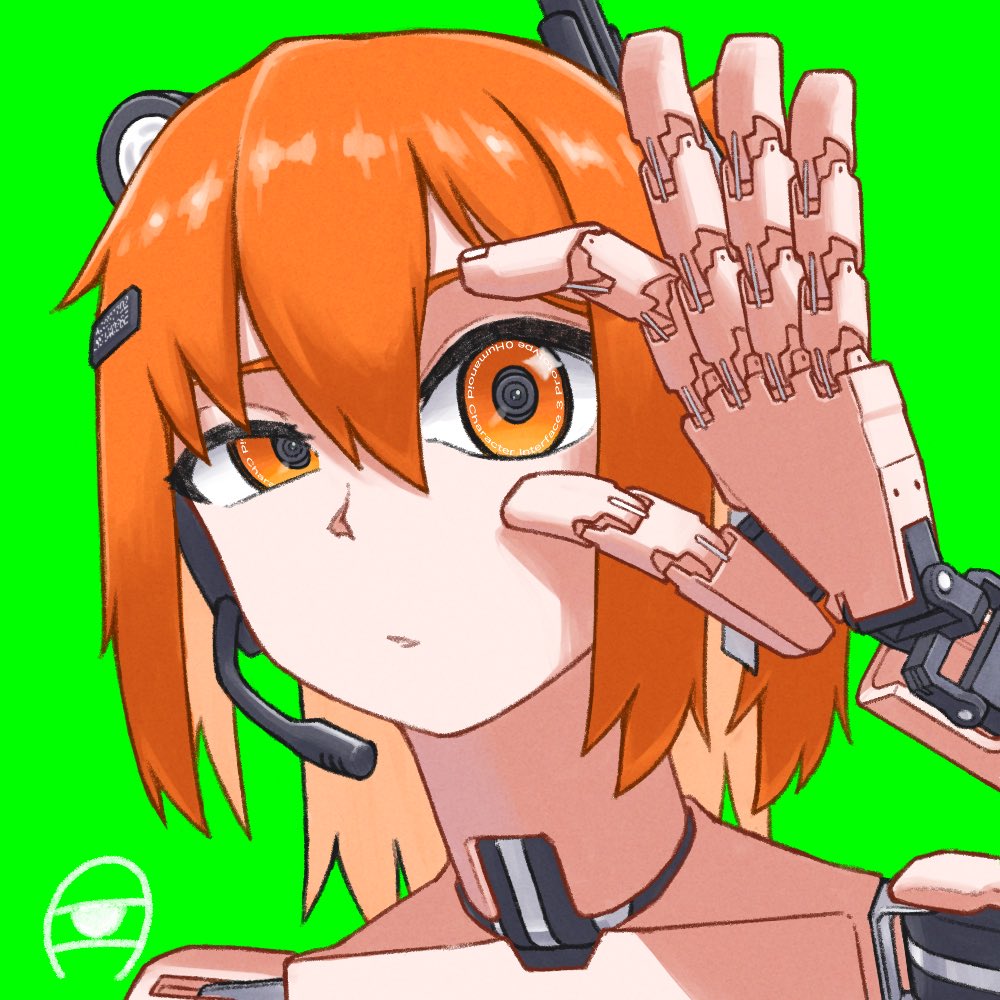 1girl adachi_rei green_background hair_between_eyes hair_ornament half-closed_eye hand_up headset joints kanbaru_mitsuki looking_at_viewer mechabare microphone ok_sign ok_sign_over_eye orange_eyes orange_hair parted_lips portrait robot_joints short_hair simple_background solo utau