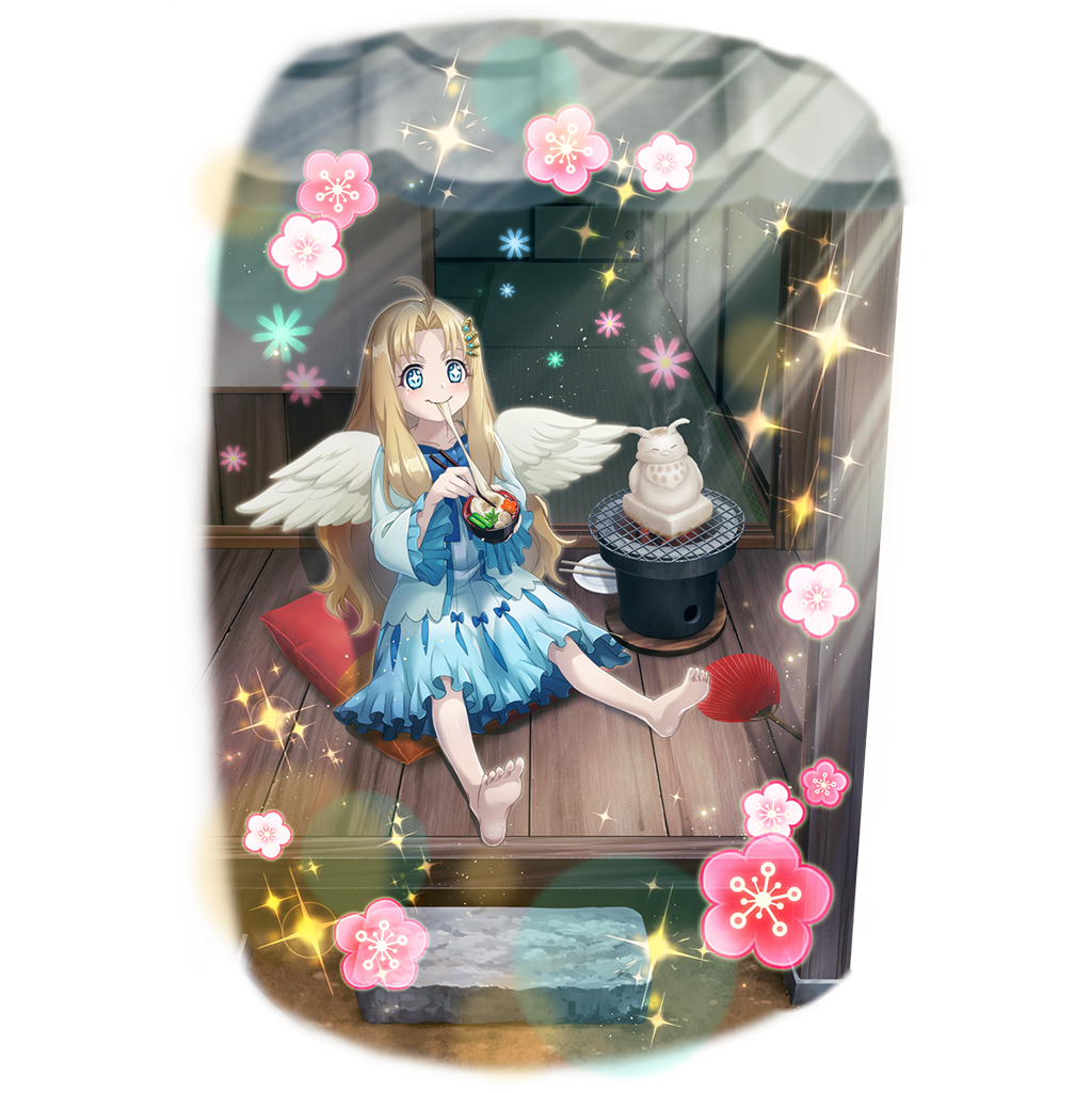 1girl ahoge artist_request barefoot bird_girl bird_wings blonde_hair blue_dress blue_eyes blush check_food cherry_blossoms child closed_mouth curtained_hair dress eating eyelashes feathered_wings filo_(tate_no_yuusha_no_nariagari) food food_request forehead frilled_dress frilled_sleeves frills full_body game_cg hair_ornament hand_fan long_hair long_sleeves looking_ahead mochi mochi_trail official_art on_pillow outdoors paper_fan pillow porch simple_background sitting sitting_on_pillow smile solo sparkle sparkling_eyes straight_hair tate_no_yuusha_no_nariagari tate_no_yuusha_no_nariagari_rerise transparent_background two-tone_dress uchiwa white_dress white_wings wing_hair_ornament wings yakimochi zouni_soup