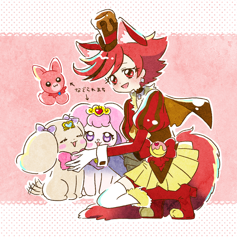 1girl :d animal_ears blush bow brooch brown_cape brown_choker cape choker closed_eyes commentary_request cure_chocolat dog dog_tail ear_ribbon earrings extra_ears gloves go!_princess_precure hat healin&#039;_good_precure healing_animal heart hoppetoonaka3 jewelry kenjou_akira kirakira_precure_a_la_mode latte_(precure) long_sleeves magical_girl open_mouth polka_dot polka_dot_background precure puff_(go!_princess_precure) puffy_sleeves red_eyes red_hair short_hair shorts shorts_under_skirt silver_earrings simple_background skirt smile species_connection tail thighhighs top_hat white_gloves