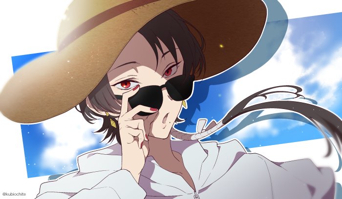 10s 1boy brown_hair dalc_rose earrings hat jewelry kashuu_kiyomitsu male_focus mole mole_under_mouth nail_polish red_eyes solo summer sun_hat sunglasses sweater touken_ranbu touken_ranbu:_hanamaru twitter_username