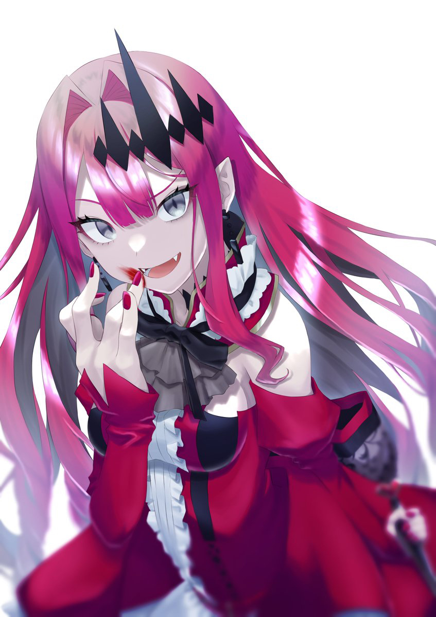 1girl aboreen baobhan_sith_(fate) baobhan_sith_(first_ascension)_(fate) bare_shoulders blood breasts center_frills circlet dress earrings fangs fate/grand_order fate_(series) frills grey_eyes highres jewelry long_hair looking_at_viewer medium_breasts nail_polish open_mouth pink_hair pointy_ears red_dress sidelocks simple_background white_background